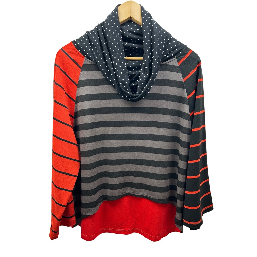 Alembika Tunic Top Women‎ 2 (XL) Red Black Polka Dot Cowl Neck Lagenlook Israel